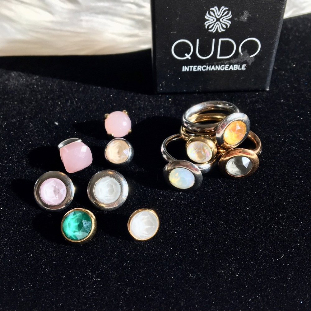 QUDO Interchangeable Stacking Ring Set Gold Rose Silver 5 & 6 Swarovski Crystals